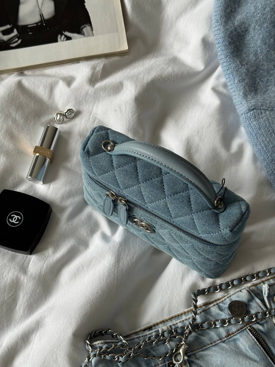 Chanel Denim Quilted Top Handle Slim Vanity Case With Chain Blue - 9