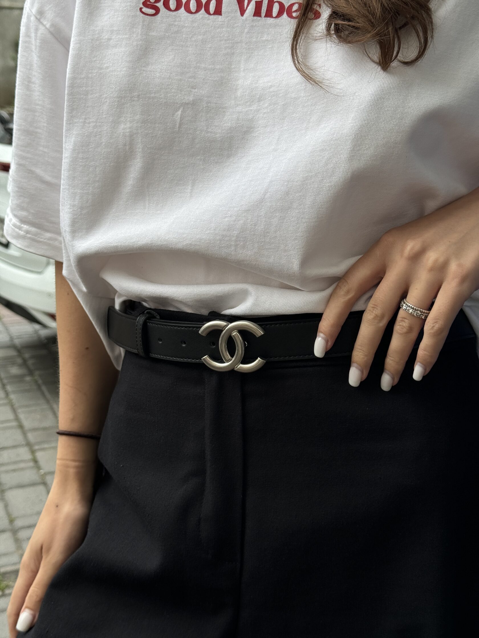 Chanel Leather Belt Black/Silver - 6