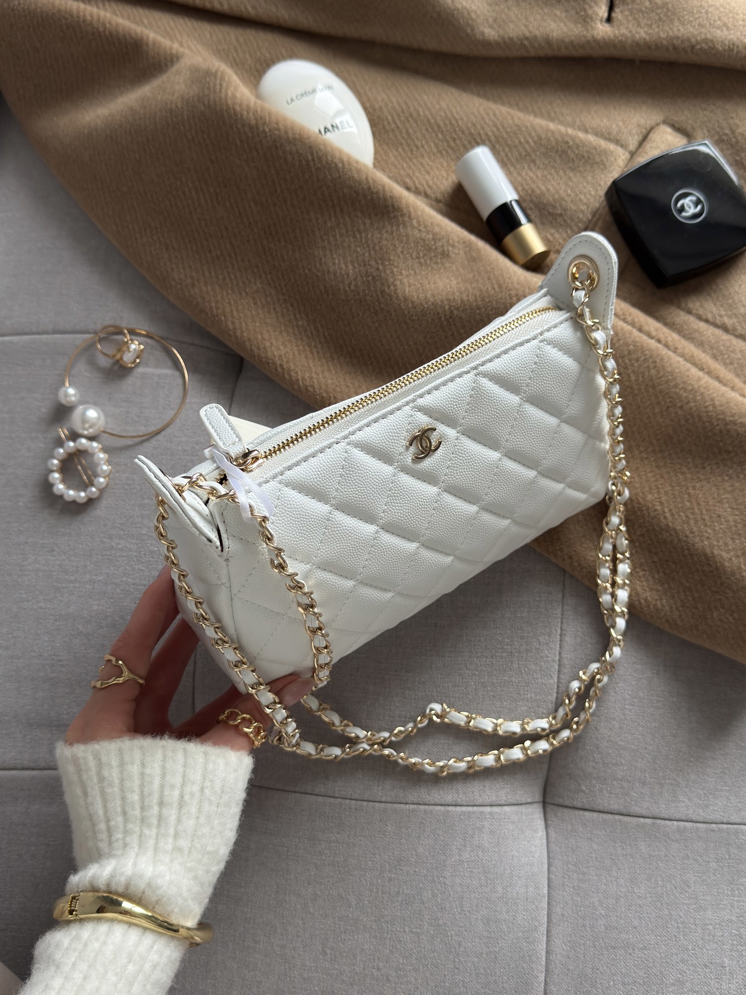 Chanel Mini Boston Chain Shoulder Bag White/Gold - 14