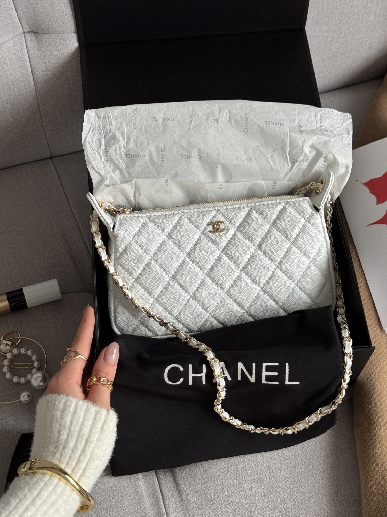 Chanel Mini Boston Chain Shoulder Bag White/Gold - 9