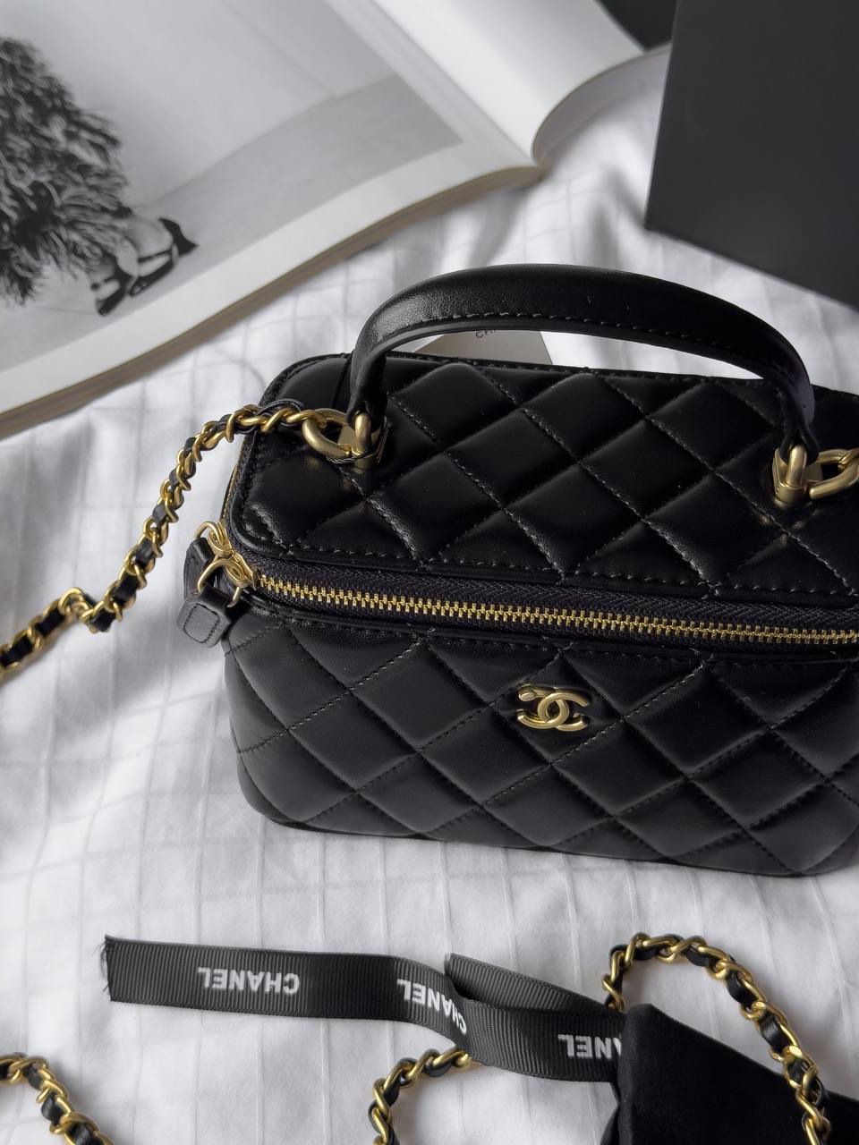 Chanel Mini Vanity Top Handle Case Black Lambskin Brushed Gold Hardware - 12