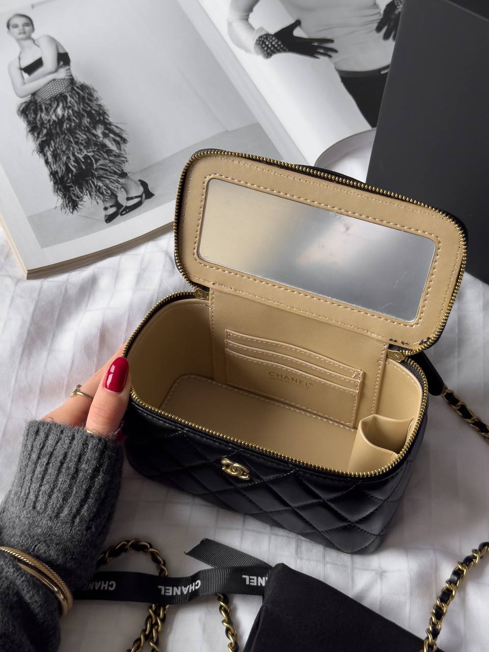 Chanel Mini Vanity Top Handle Case Black Lambskin Brushed Gold Hardware - 14