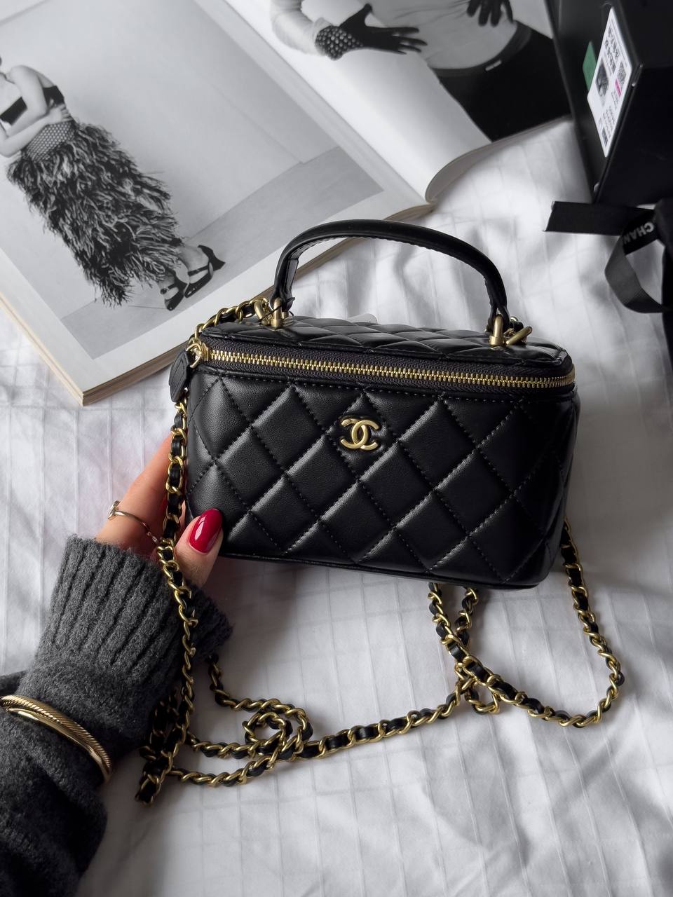 Chanel Mini Vanity Top Handle Case Black Lambskin Brushed Gold Hardware - 6