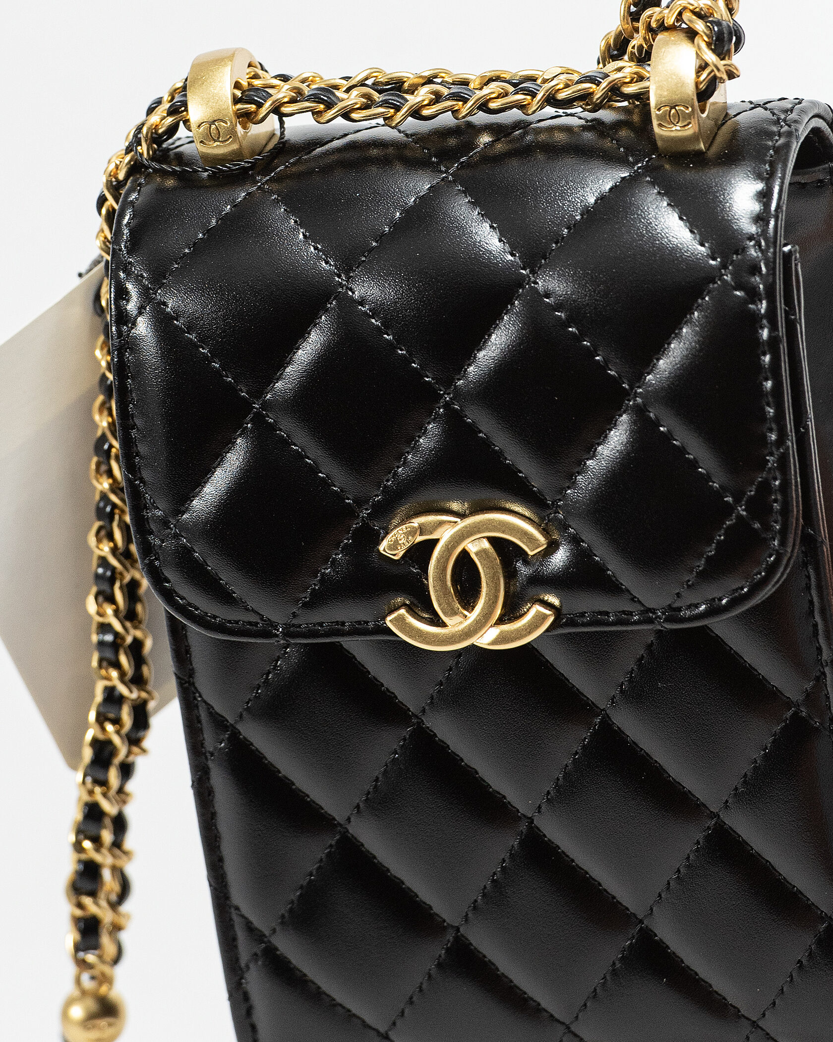 Chanel Pearl Crush Phone Case With Chain Lambskin Black - 10
