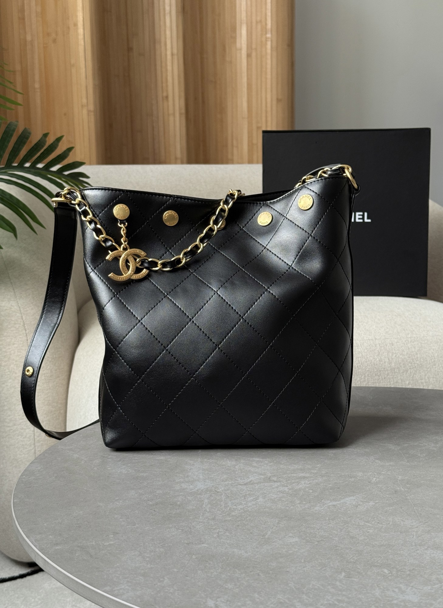 Chanel Quilted Drawstring Bag in Black/Gold - 13