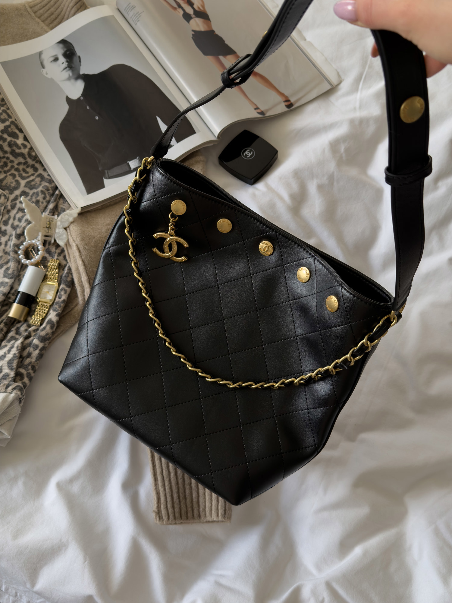 Chanel Small CC Quilted Shopping Bag Black/Gold