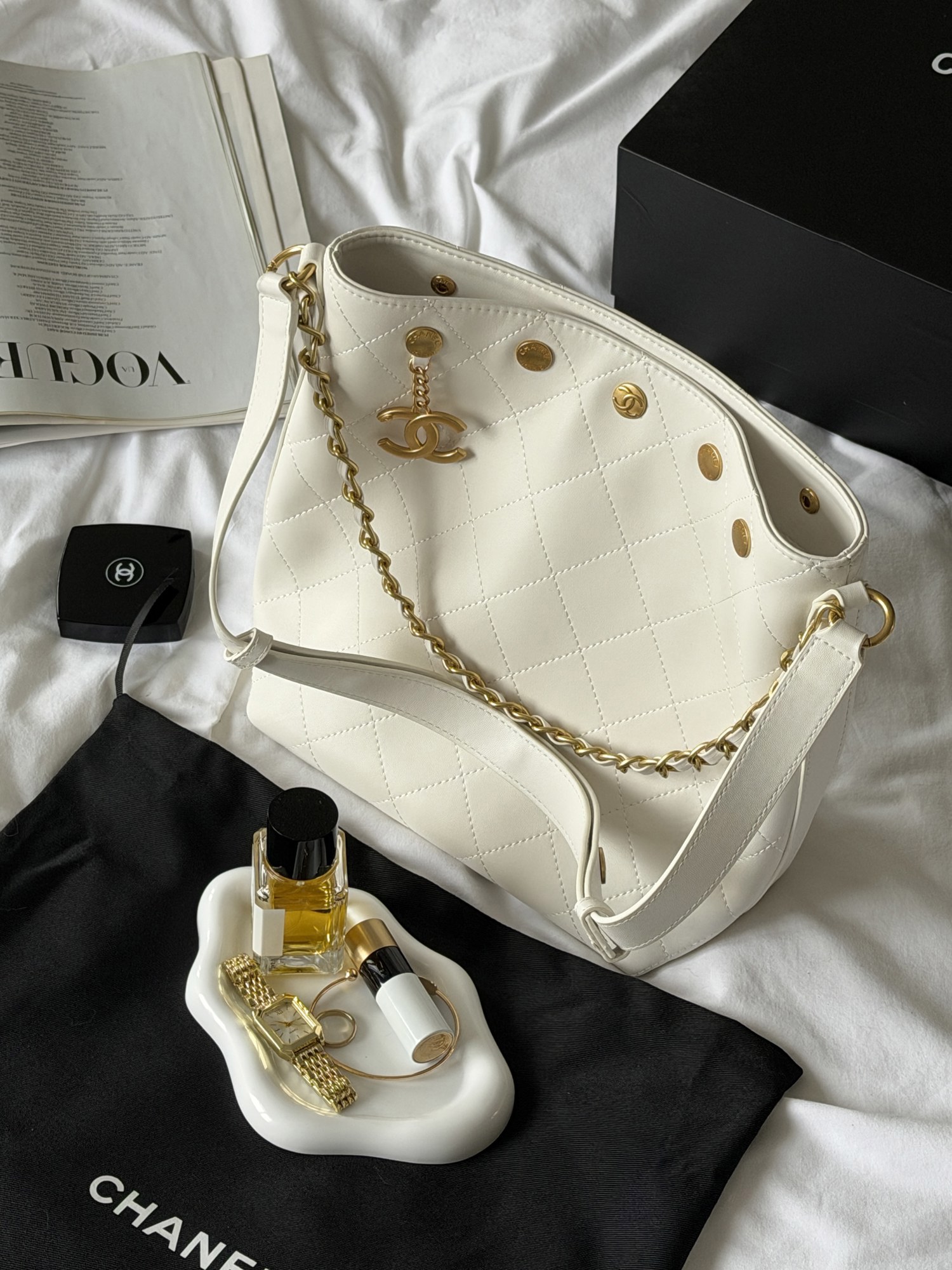 Chanel Small CC Quilted Shopping Bag Milk/Gold - 13