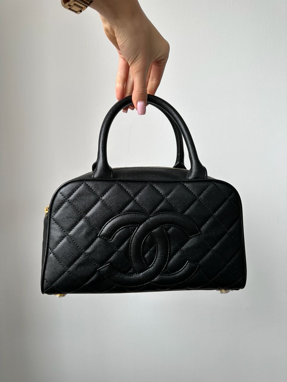 Chanel Vintage CC Quilted Caviar Bowling Bag Black - 2