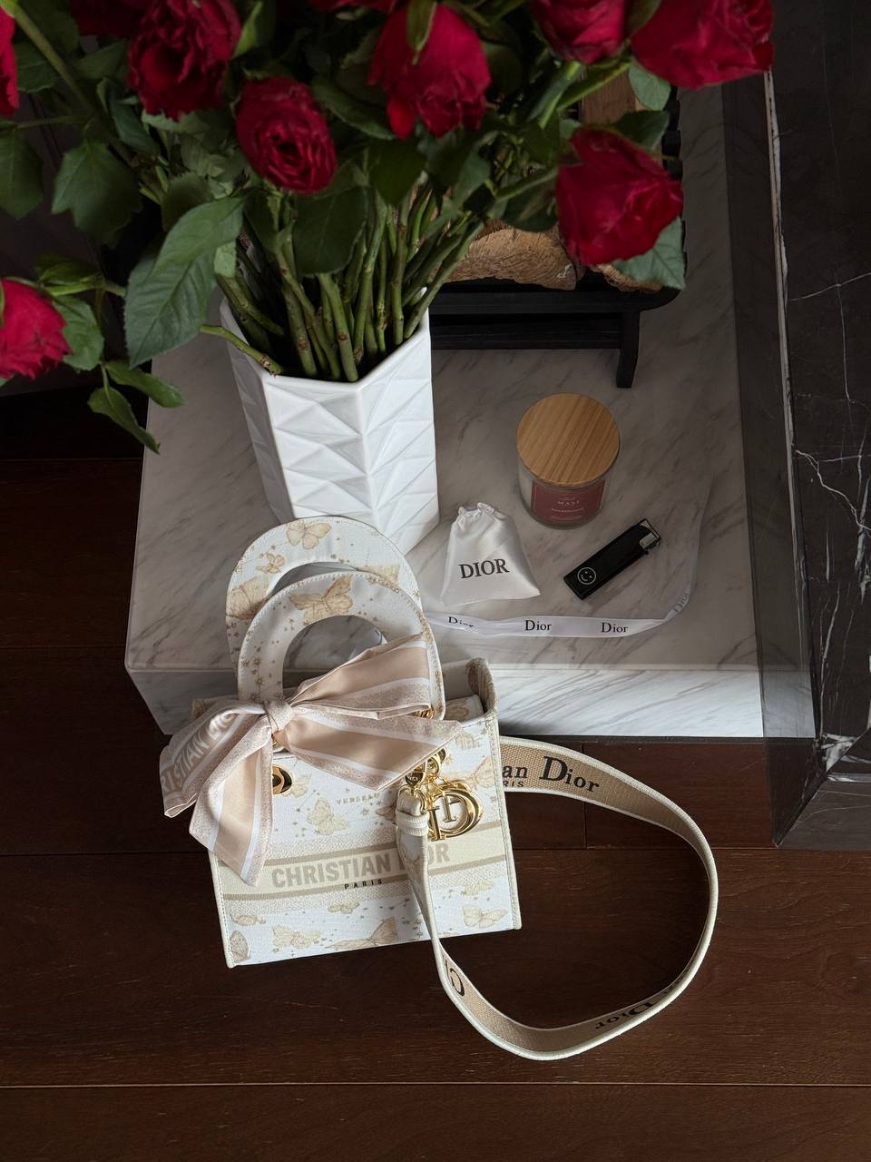 Christian Dior Medium Lady Dior Butterfly Embroidered Canvas Bag in Off-White/Beige - 10