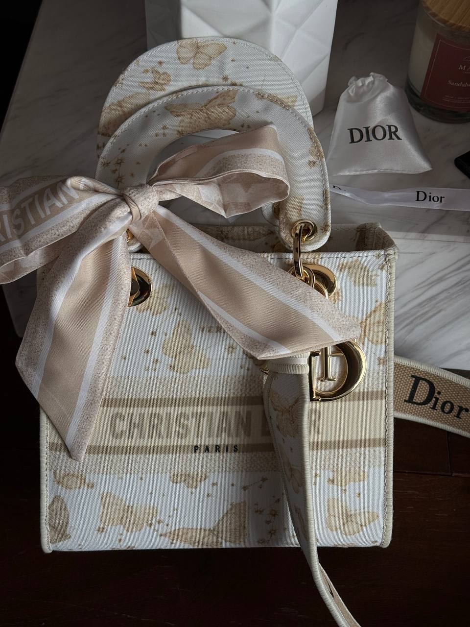 Christian Dior Medium Lady Dior Butterfly Embroidered Canvas Bag in Off-White/Beige - 3