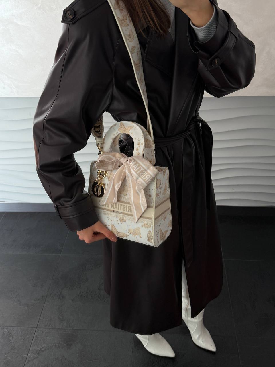 Christian Dior Medium Lady Dior Butterfly Embroidered Canvas Bag in Off-White/Beige - 7