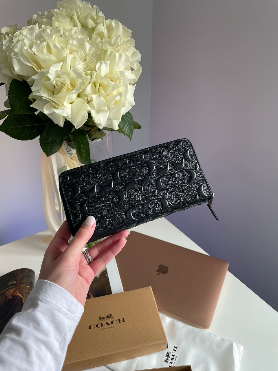 Coach Accordion Zip Long Wallet Embossed Black - 3