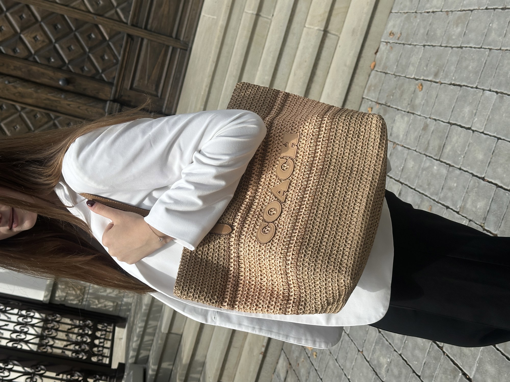 Coach City Tote Bag Leather-Trimmed Straw Honey Brown Multi - 8