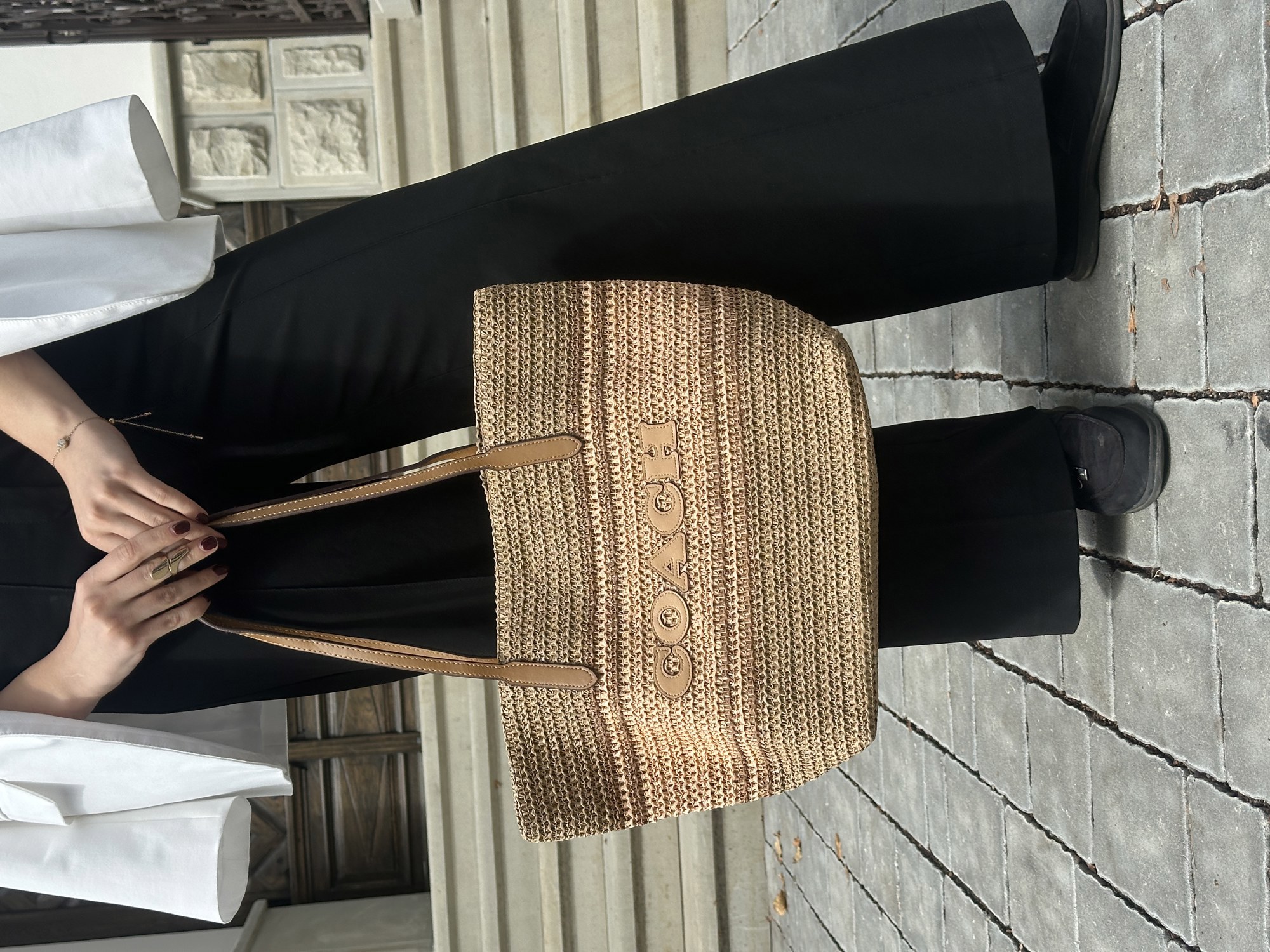 Coach City Tote Bag Leather-Trimmed Straw Honey Brown Multi - 5