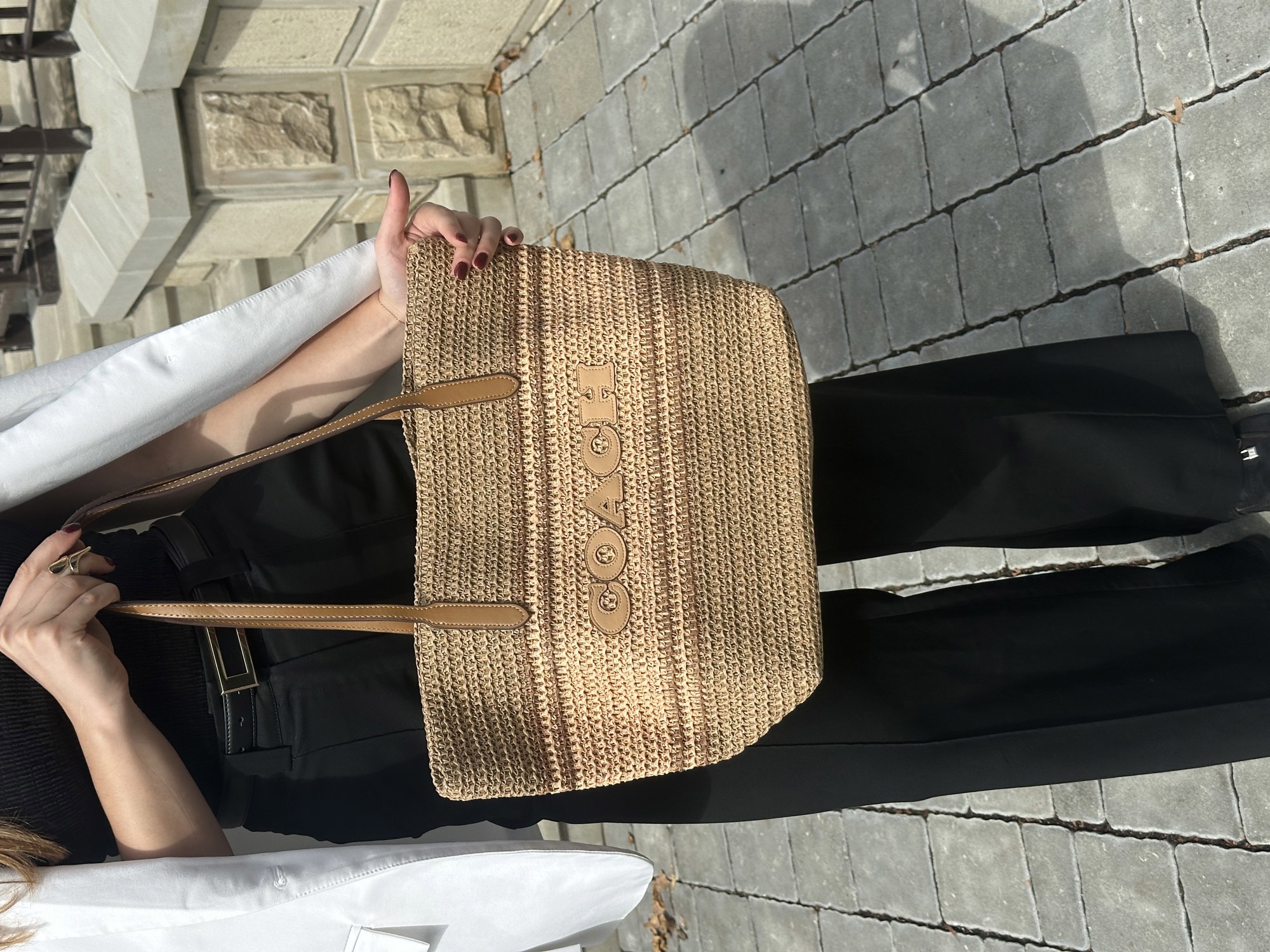 Coach City Tote Bag Leather-Trimmed Straw Honey Brown Multi - 6
