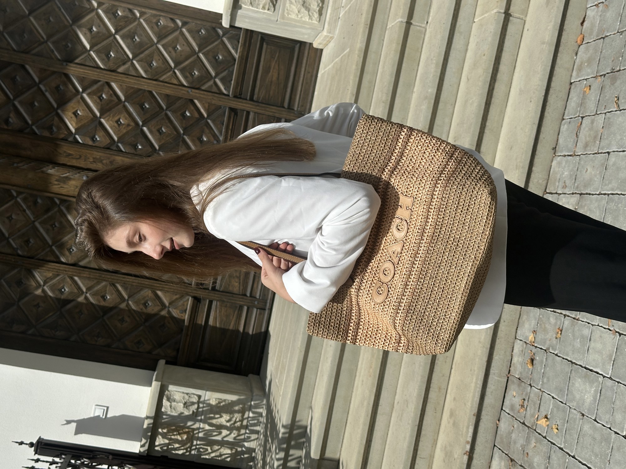 Coach City Tote Bag Leather-Trimmed Straw Honey Brown Multi - 9