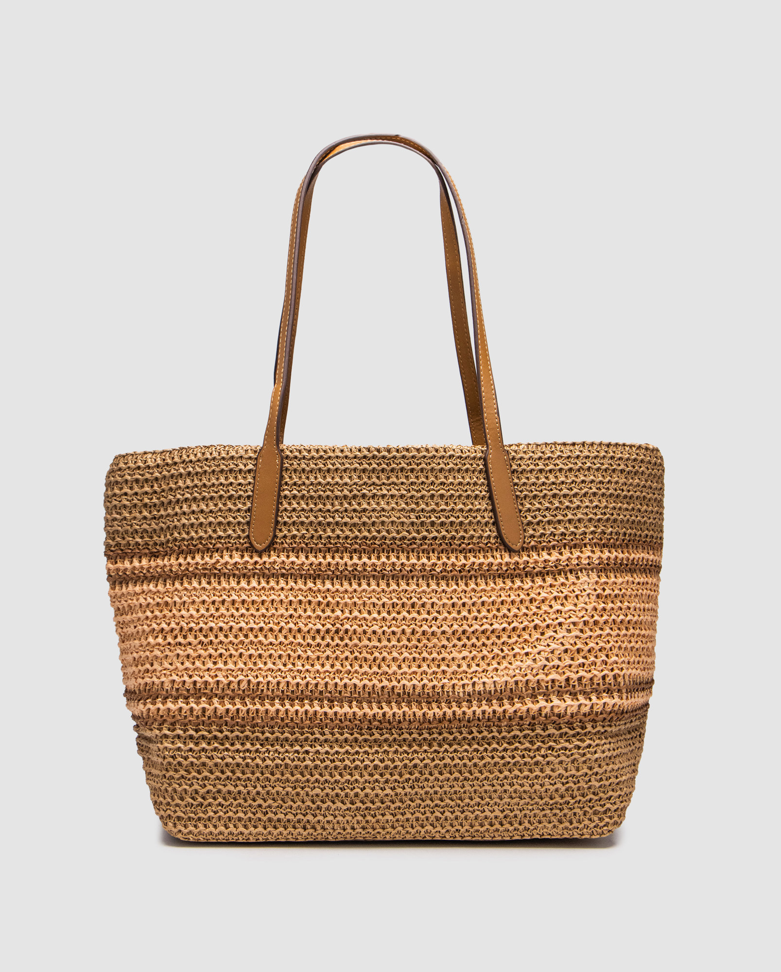 Coach City Tote Bag Leather-Trimmed Straw Honey Brown Multi - 2