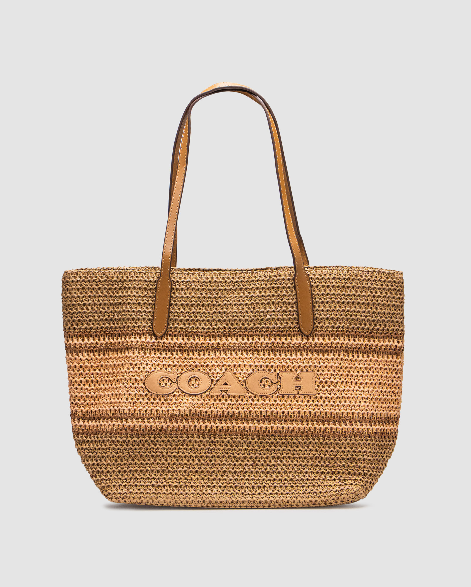 Coach City Tote Bag Leather-Trimmed Straw Honey Brown Multi