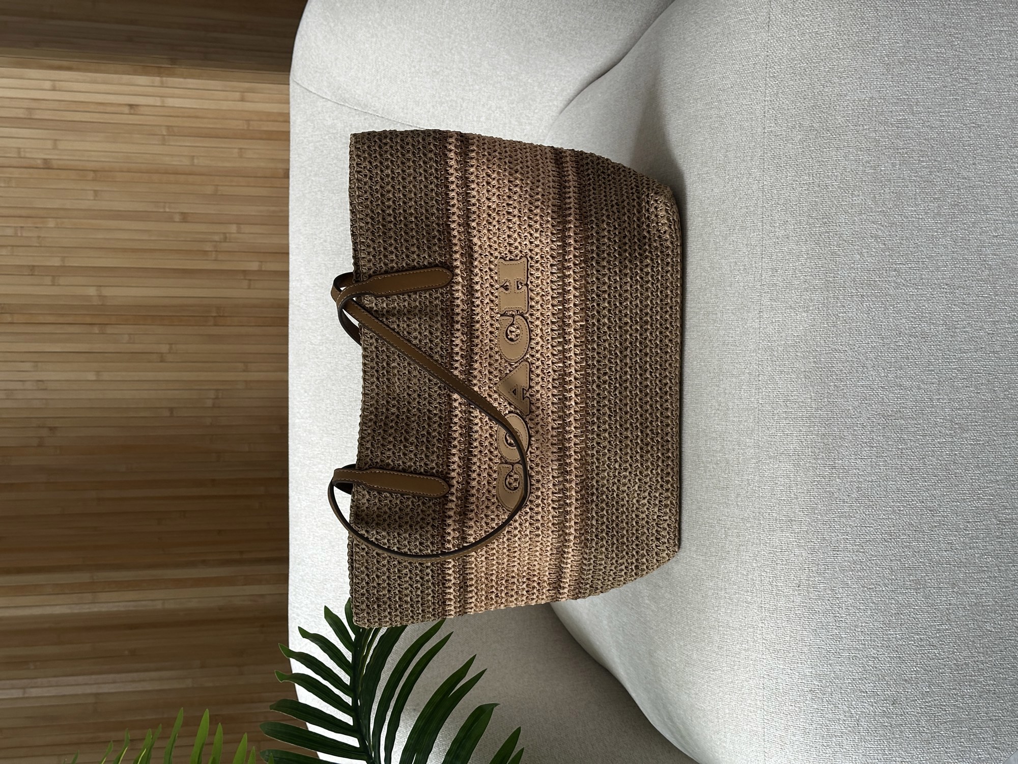 Coach City Tote Bag Leather-Trimmed Straw Honey Brown Multi - 13