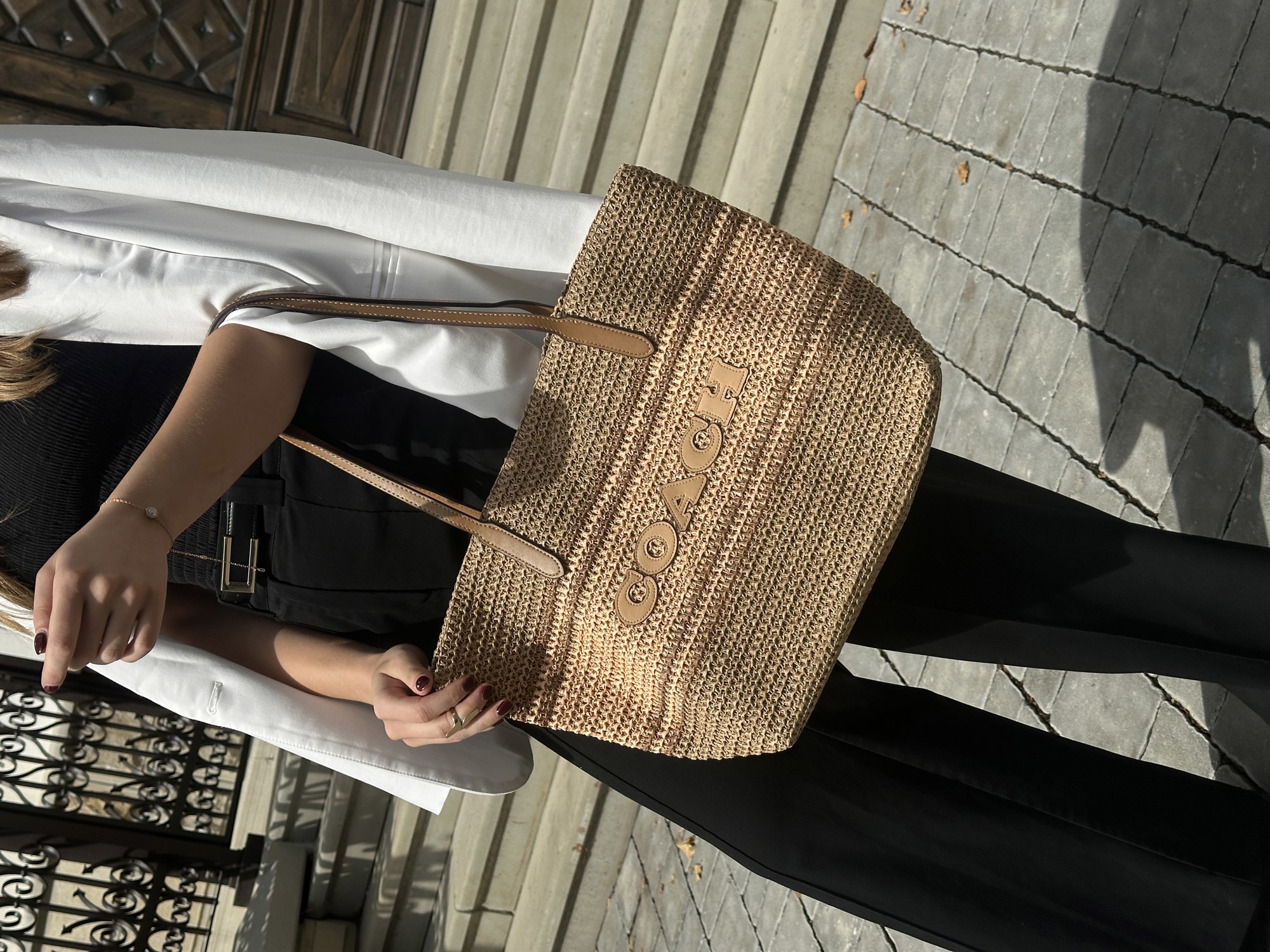 Coach City Tote Bag Leather-Trimmed Straw Honey Brown Multi - 7