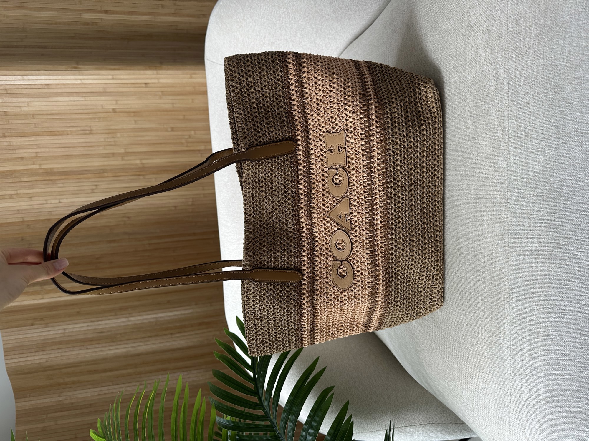 Coach City Tote Bag Leather-Trimmed Straw Honey Brown Multi - 12