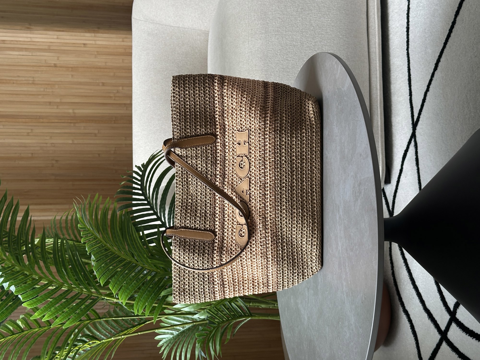 Coach City Tote Bag Leather-Trimmed Straw Honey Brown Multi - 14
