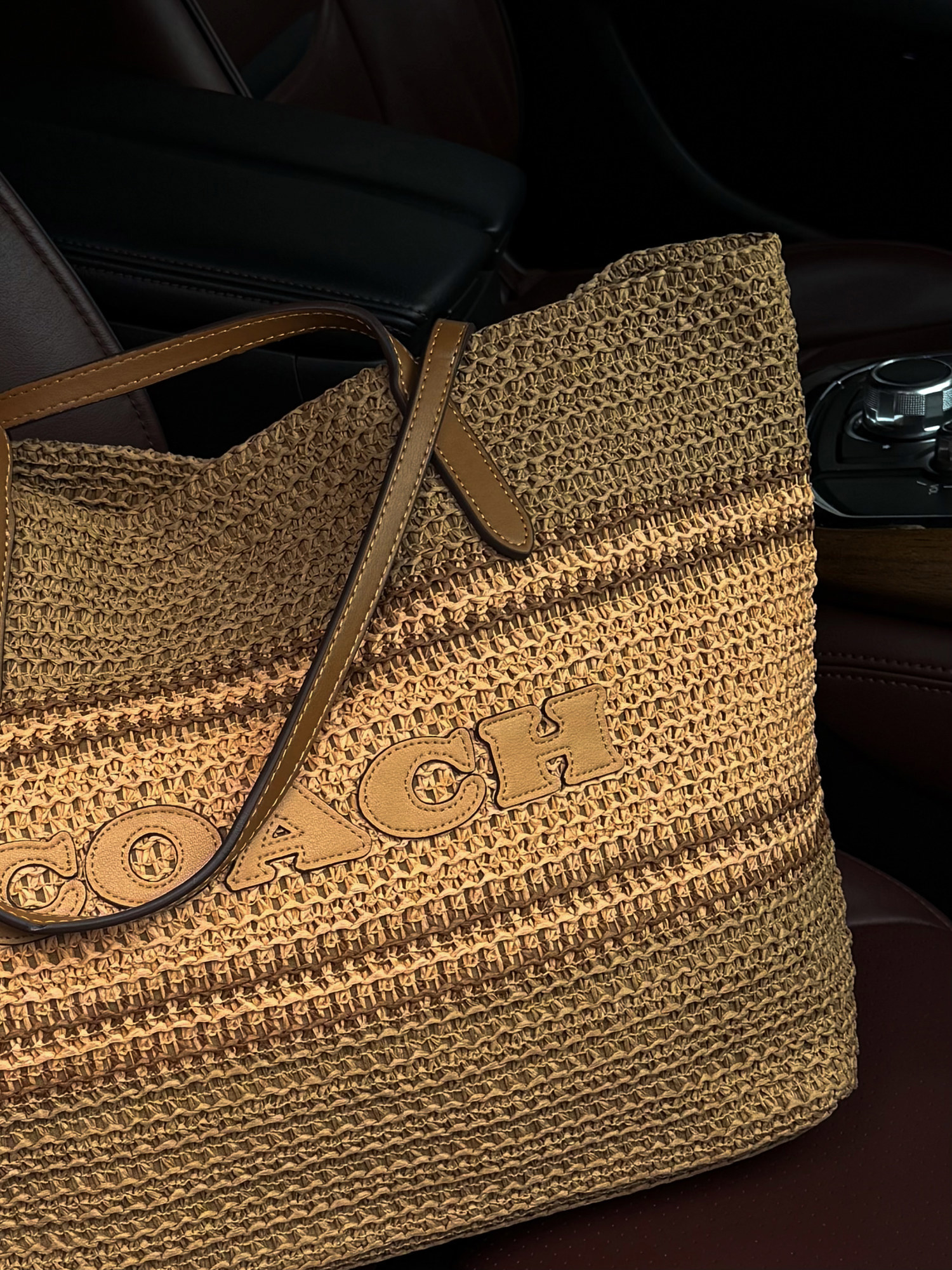 Coach City Tote Bag Leather-Trimmed Straw Honey Brown Multi - 15