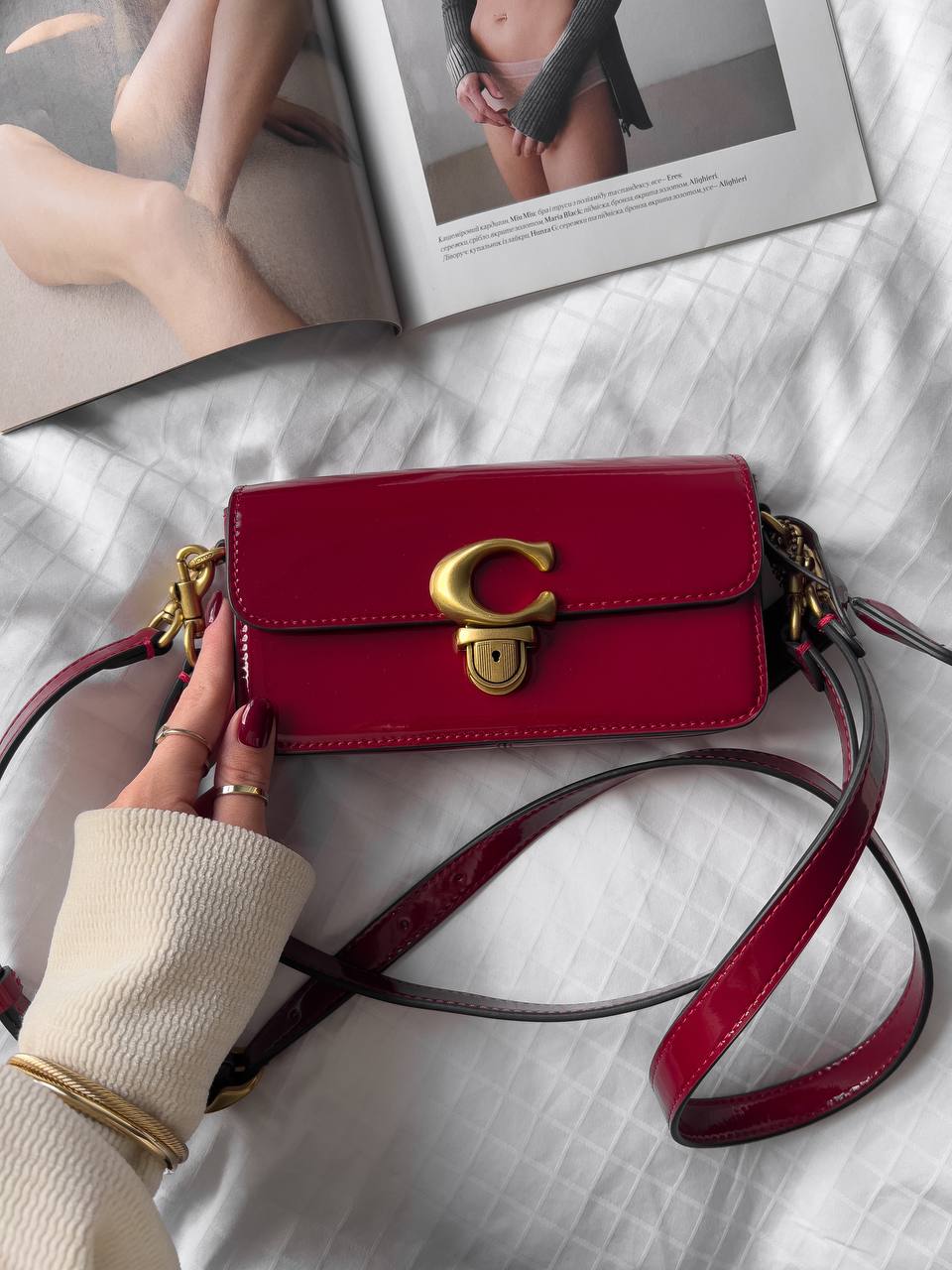 Coach Glovetanned Studio Baguette Patent Leather Bag Red - 4