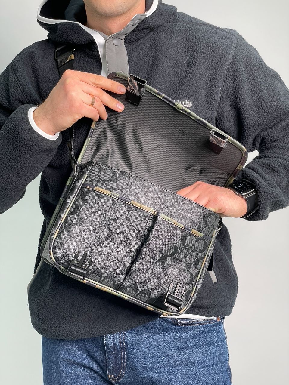 Coach Khaki &amp; Black League Hybrid Messenger Bag In Charcoal Mul - 15