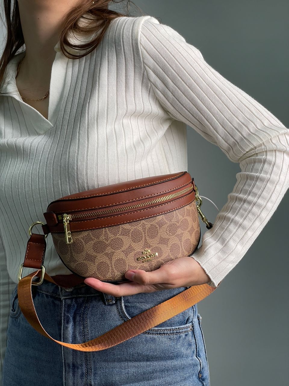 Coach Leather Signature Belt Bag, Tan/Rust - 6