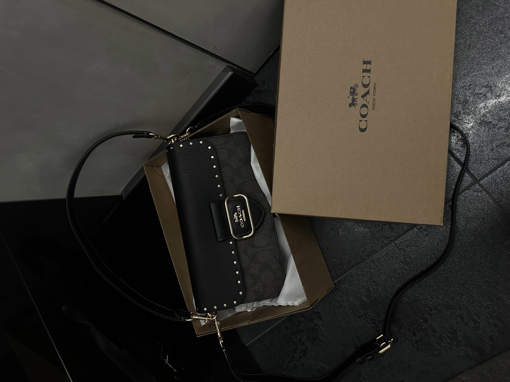 Coach Morgan Shoulder Bag Brown/Black With Rivets - 9