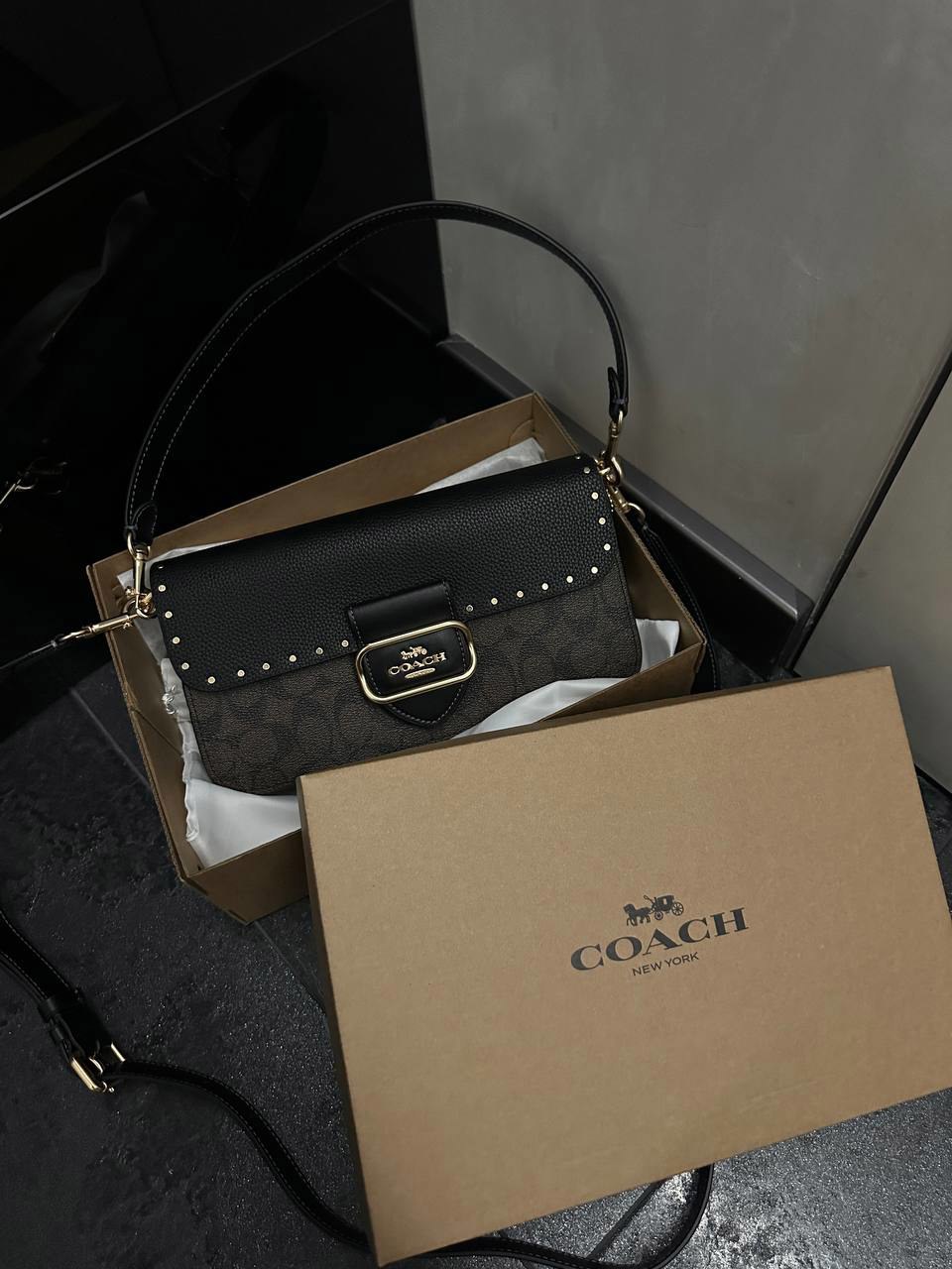 Coach Morgan Shoulder Bag Brown/Black With Rivets - 4