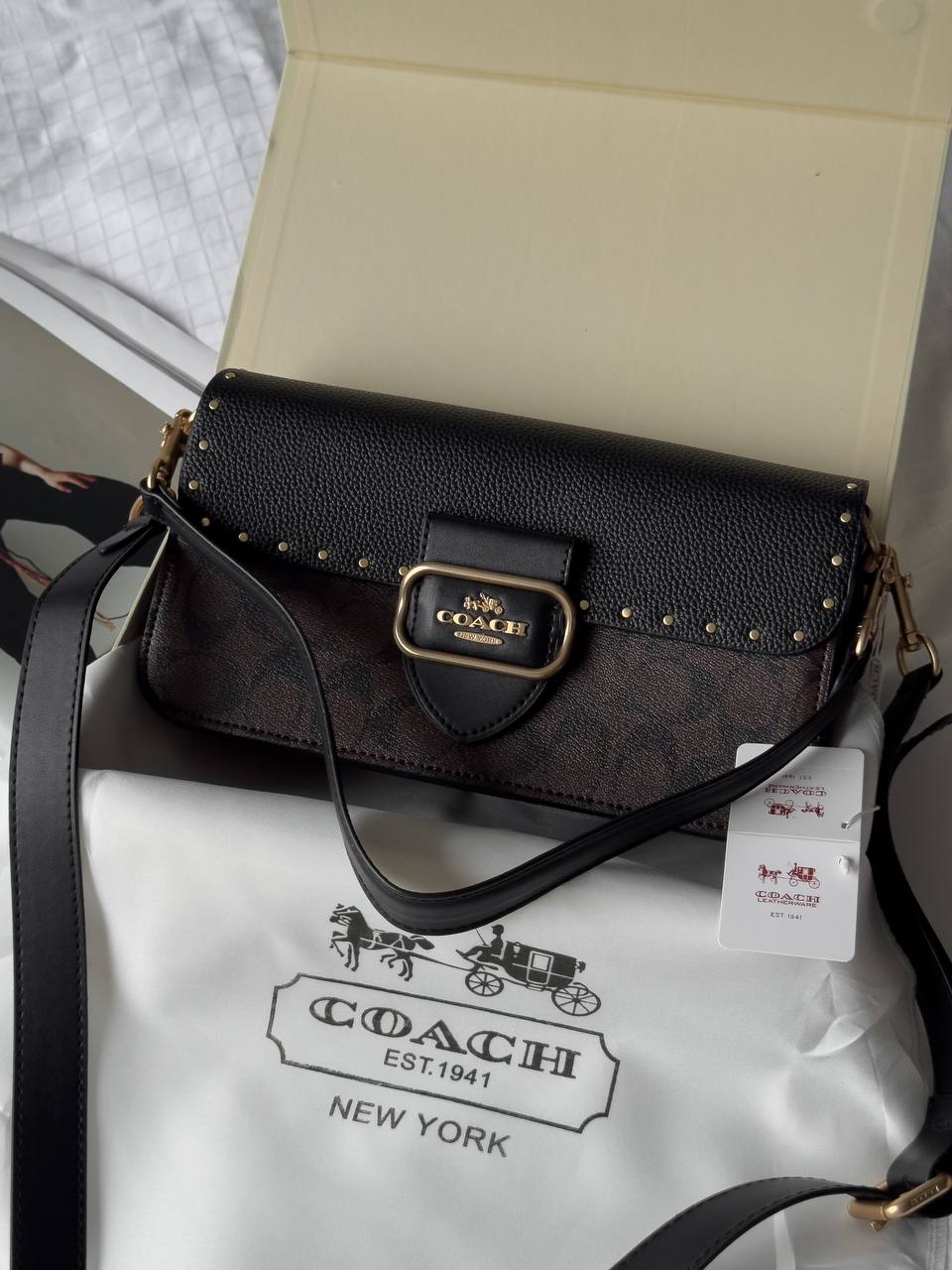 Coach Morgan Shoulder Bag in Colorblock Signature Canvas with Rivets in Gold/Brown Black Multi - 2