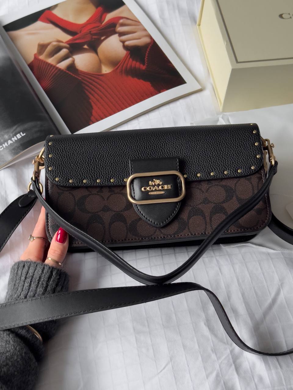 Coach Morgan Shoulder Bag in Colorblock Signature Canvas with Rivets in Gold/Brown Black Multi - 3