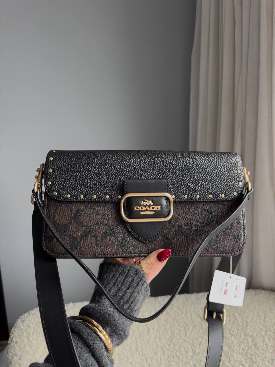 Coach Morgan Shoulder Bag in Colorblock Signature Canvas with Rivets in Gold/Brown Black Multi - 4