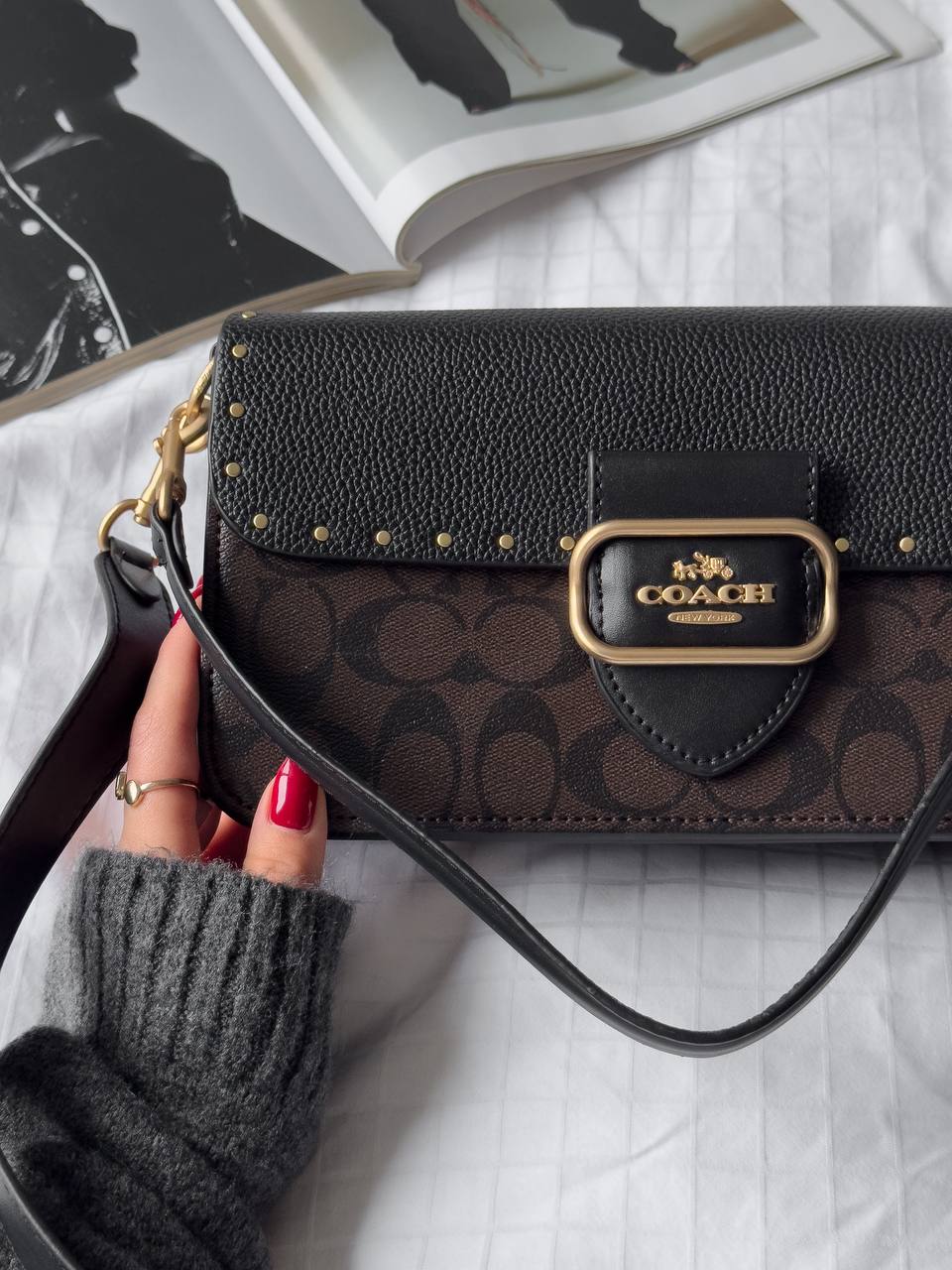 Coach Morgan Shoulder Bag in Colorblock Signature Canvas with Rivets in Gold/Brown Black Multi - 6