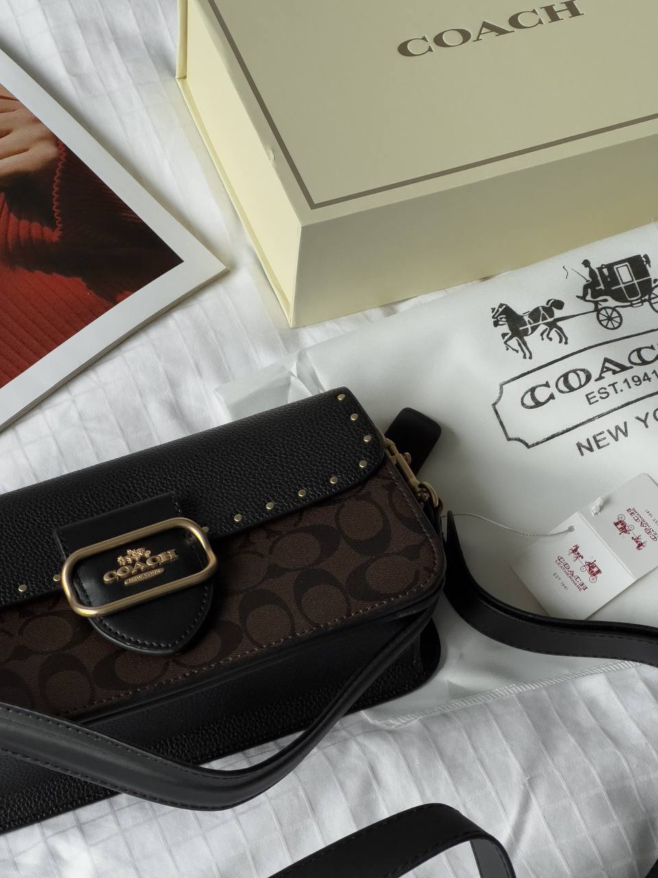 Coach Morgan Shoulder Bag in Colorblock Signature Canvas with Rivets in Gold/Brown Black Multi - 8