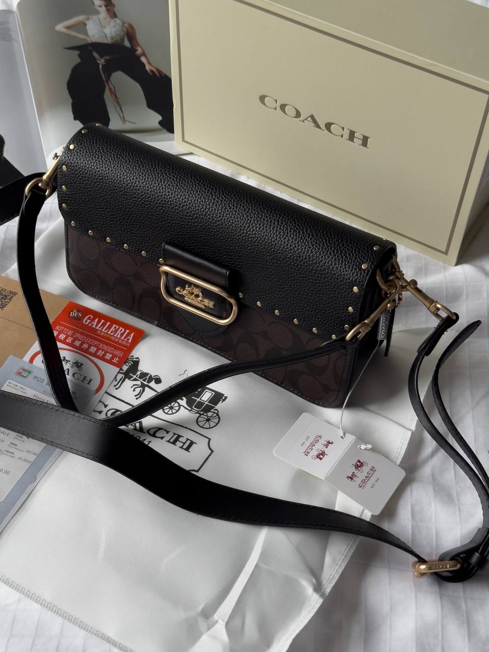 Coach Morgan Shoulder Bag in Colorblock Signature Canvas with Rivets in Gold/Brown Black Multi - 9