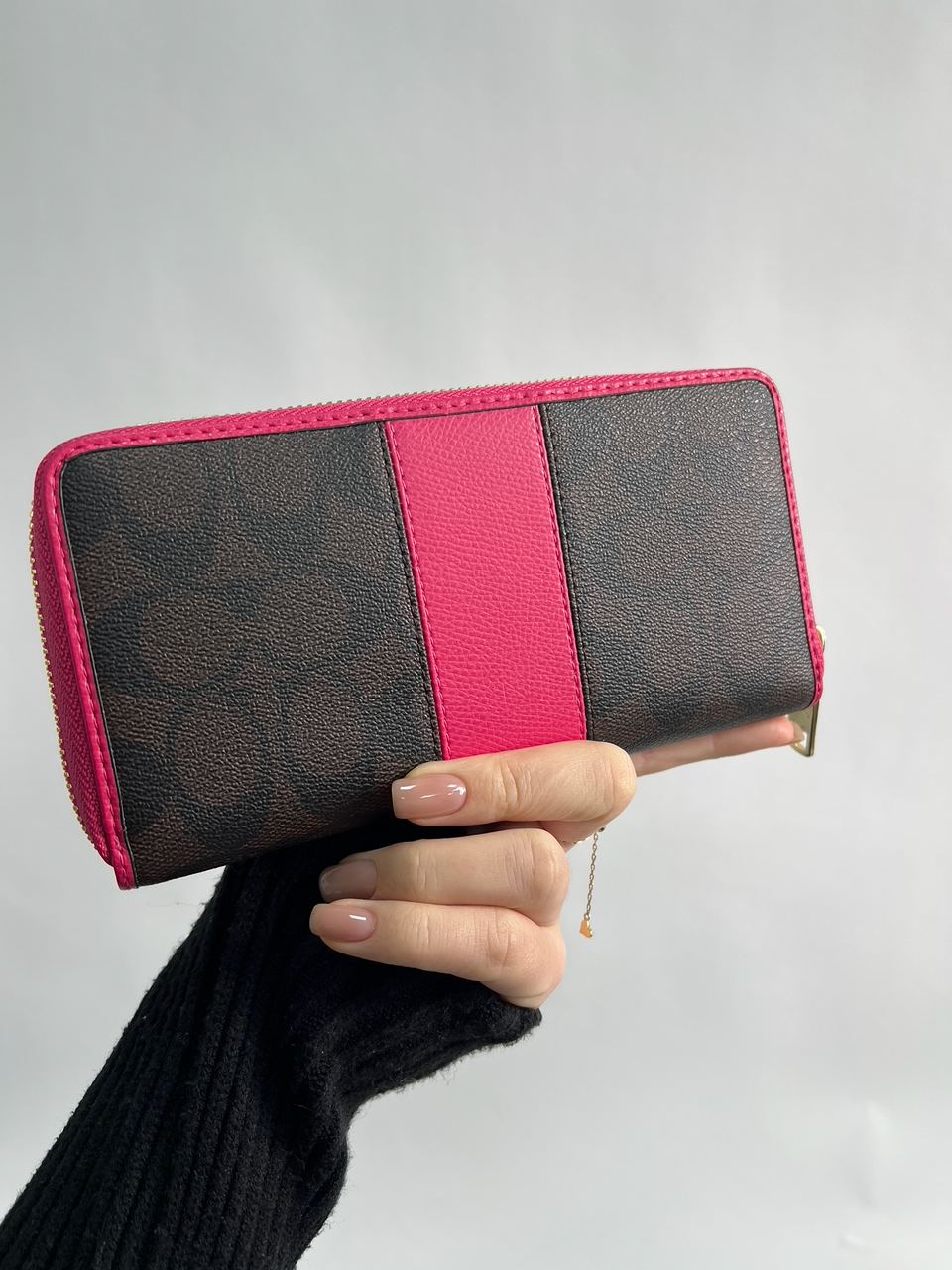 Coach Round Fastener Long Wallet Signature Brown/Pink - 9