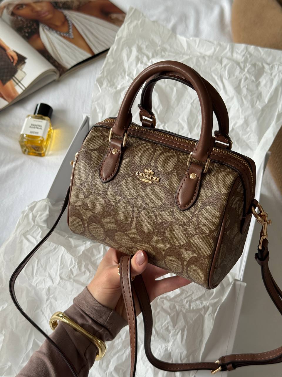 Coach Rowan Satchel Bag In Signature Canvas Brown/Beige - 5