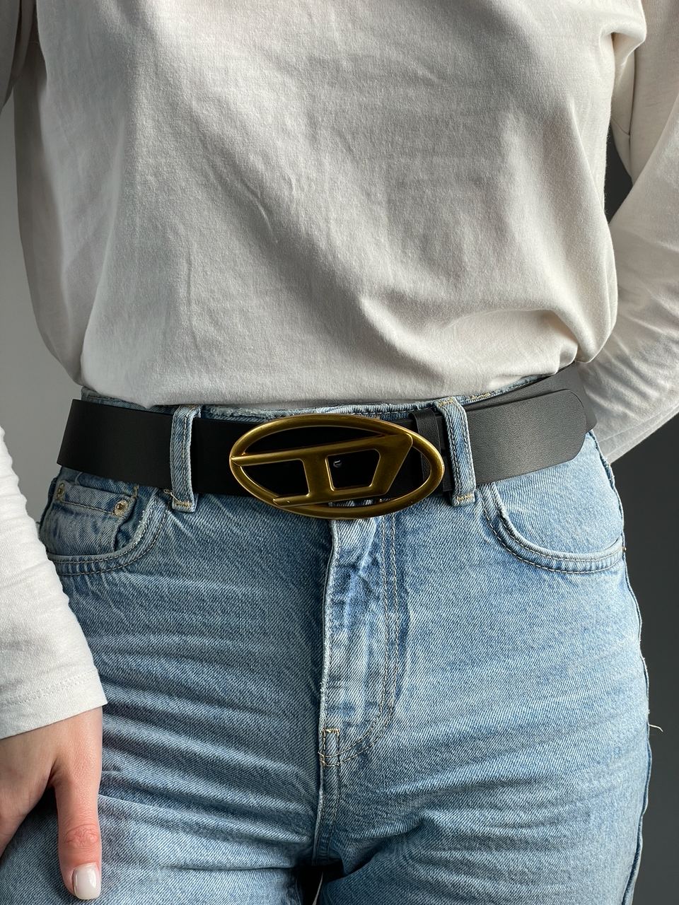 Diesel Slim Glittery Belt With Oval D Buckle Gold - 3