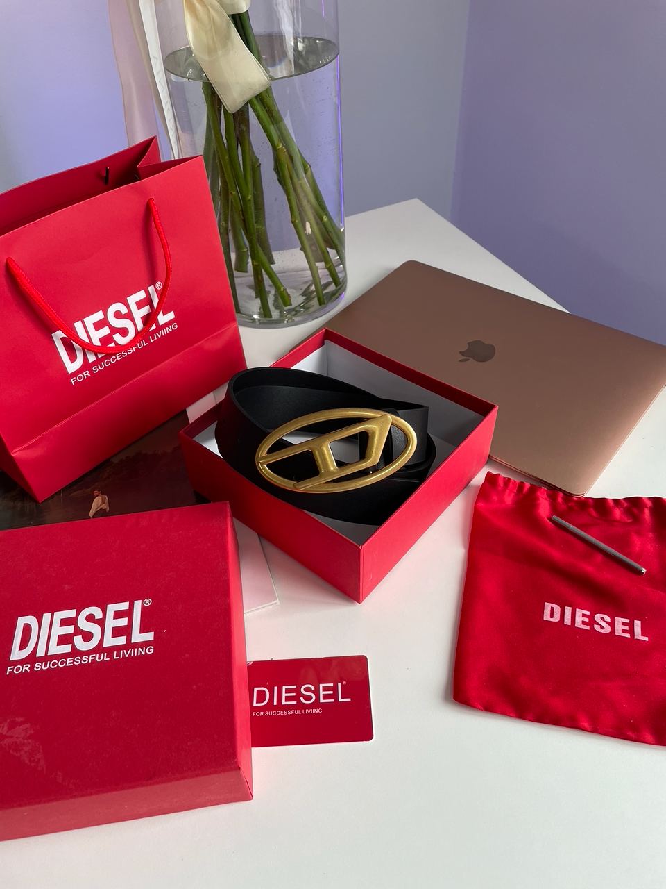 Diesel Slim Glittery Belt With Oval D Buckle Gold - 5