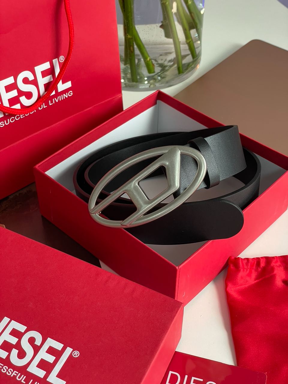 Diesel Slim Glittery Belt With Oval D Buckle Silver - 6