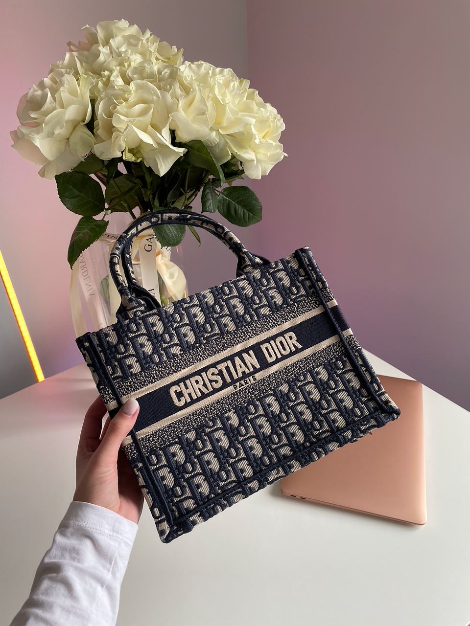 Dior Small Book Tote Ecru and Blue Dior Oblique Embroidery - 5