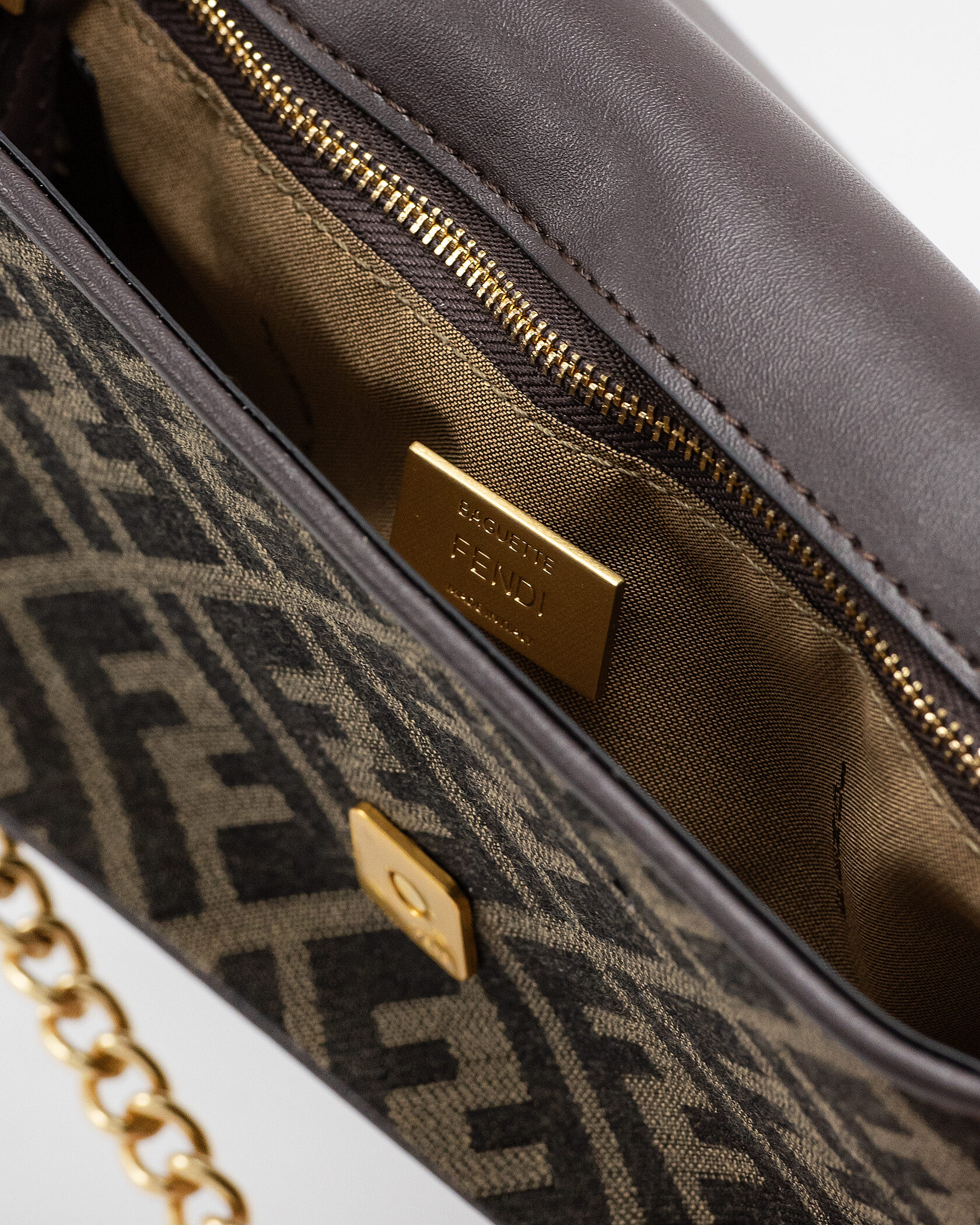 Fendi Brown FF Jacquard Fabric Baguette Chain Bag - 13