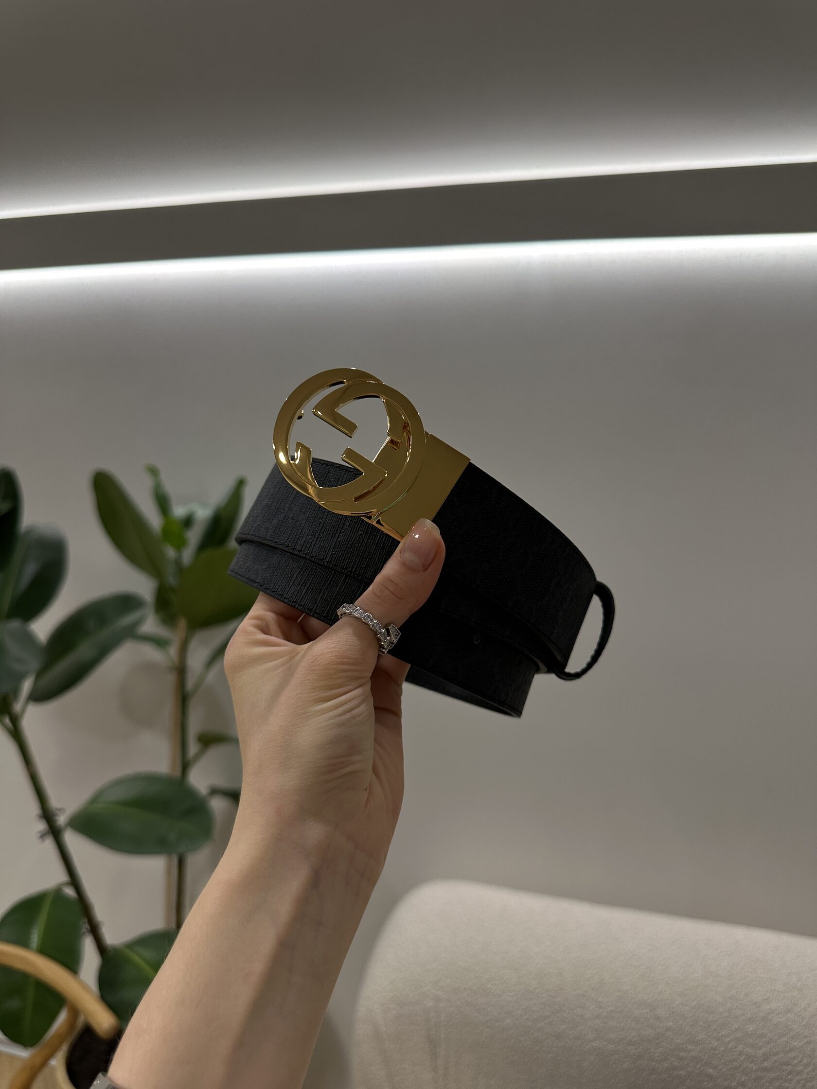 Gucci Belt with Interlocking G Buckle Grey Canvas/Gold - 7