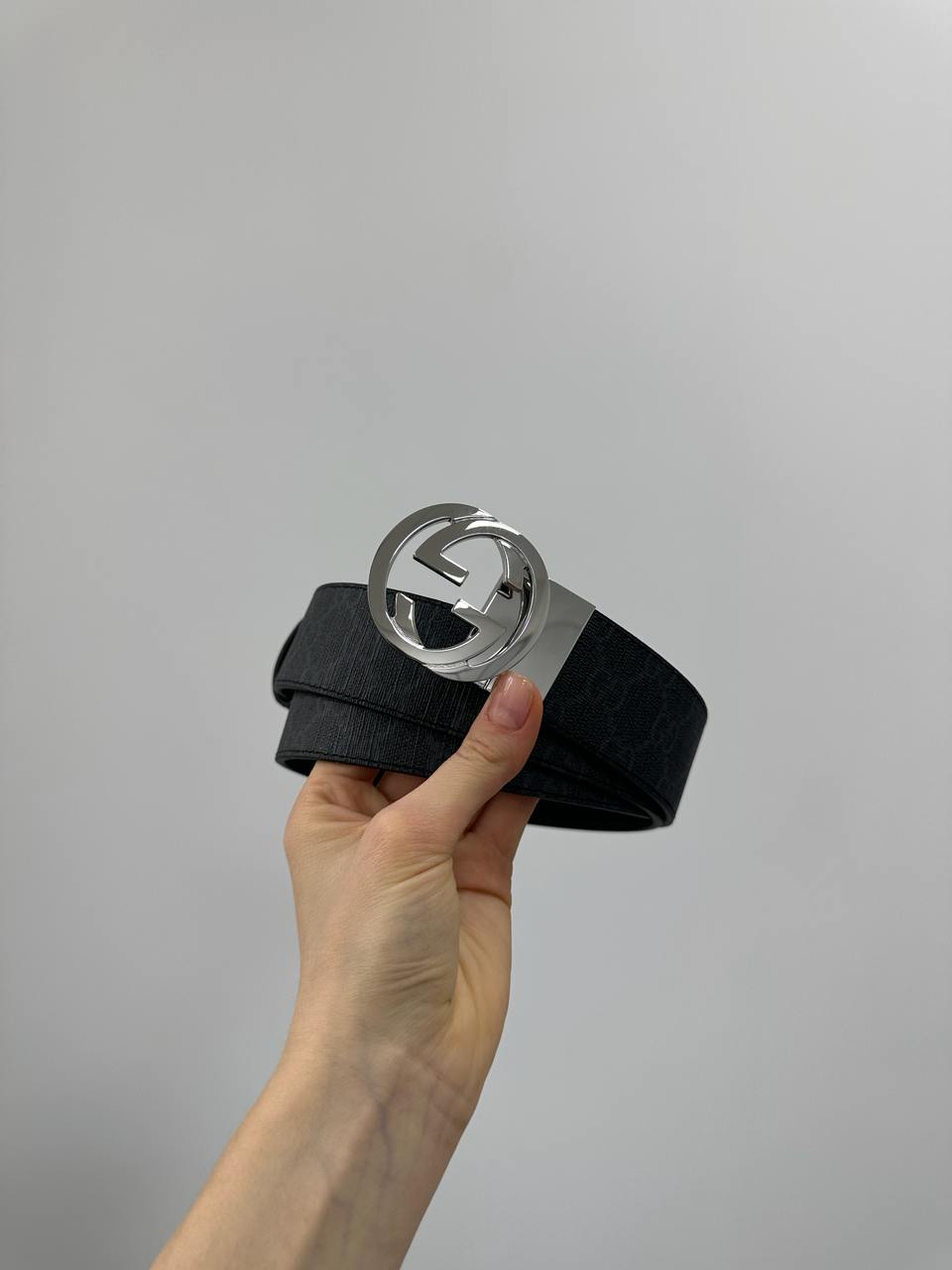 Gucci Belt with Interlocking G Buckle Grey Canvas/Silver - 10