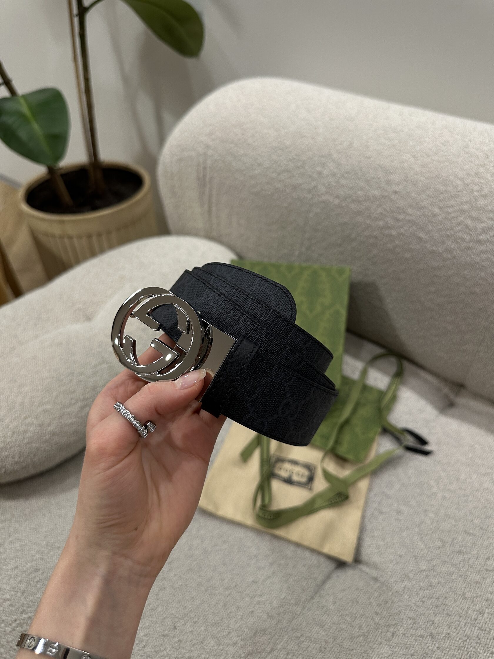 Gucci Belt with Interlocking G Buckle Grey Canvas/Silver - 6