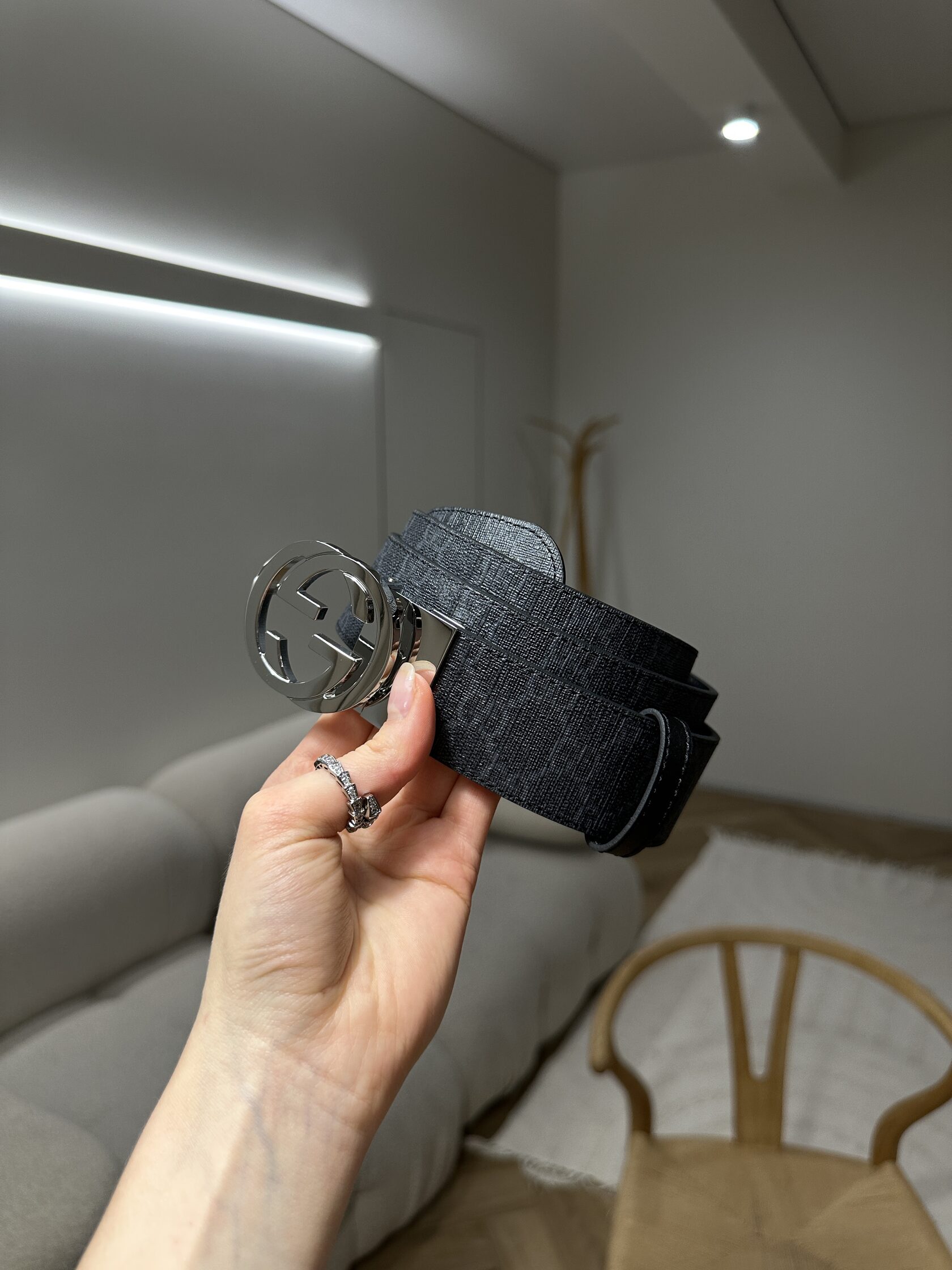 Gucci Belt with Interlocking G Buckle Grey Canvas/Silver - 8