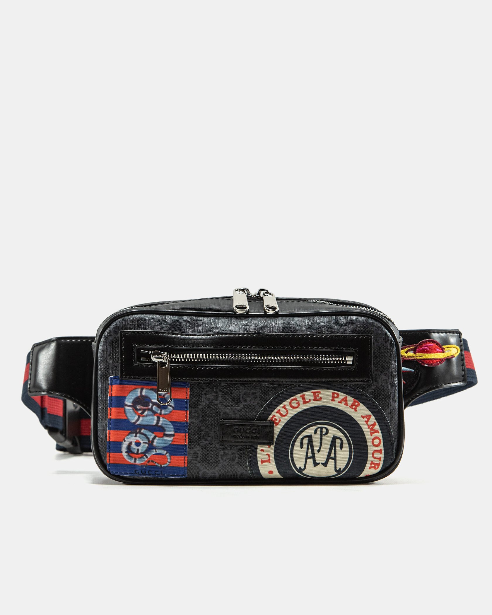 Gucci Small Belt Bag in Black GG Supreme Canvas with Patches